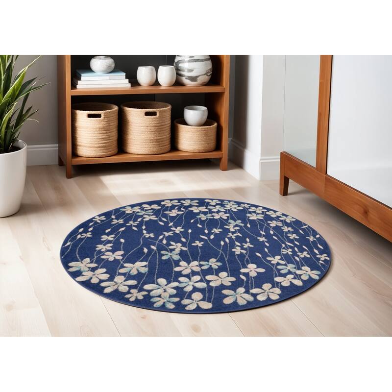 Gubig Power Loomed Geometric Floral Traditional Stain Resistant Area Rug By HomeRoots - 63' X '63' X '0.5 - 63' X '63' X '0.5 - Oxford Blue - Round