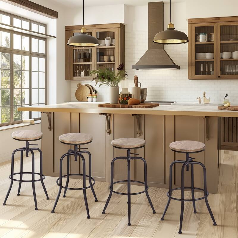Homy Casa Set of 2 Adjustable Height Industrial Bar Stools with Swivel Wood Seat-Ideal for Kitchen Islands and Home Bars - N/A
