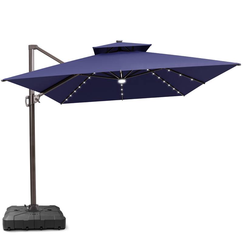 10 FT x 13 FT Outdoor Patio Premium LED Lighted Double Top Cantilever Offset Umbrella with Base