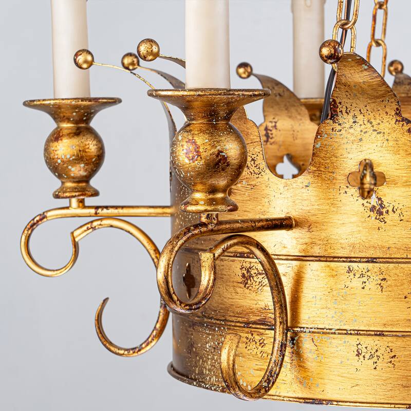 6-Light Luxury Retro Antique Gold Crown Metal Hanging Light Chandelier for Hallways,Living Room