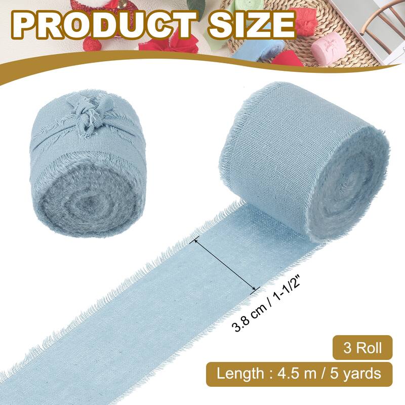 1-1/2"x15 Yd Handmade Fringe Cotton Ribbon Frayed Ribbons 3 Roll - 5Yd - Dark Blue