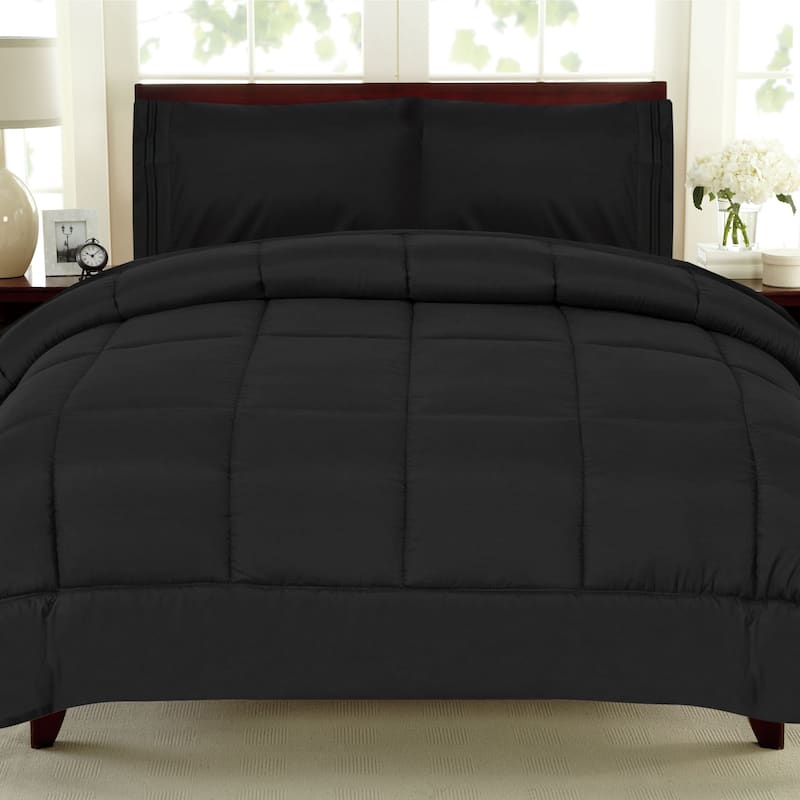 Plush Solid Color Box Stitch Down Alternative Comforter - Twin - Black