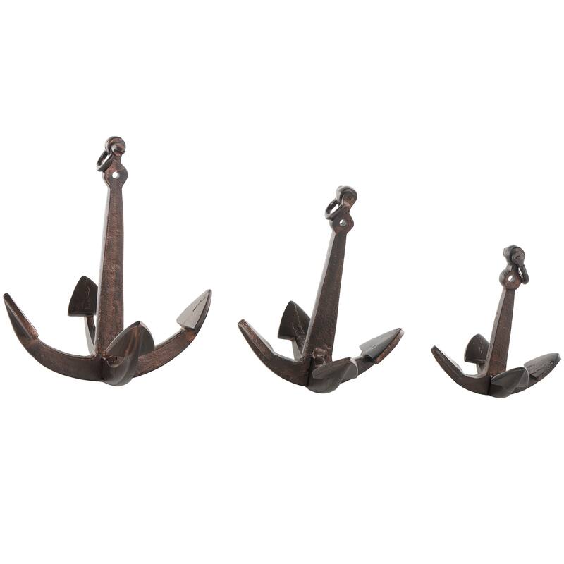 Copper Aluminum Metal Weathered Anchor Decorative Sculpture with Hanging Hook (Set of 3)