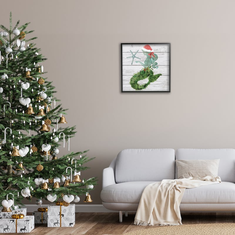 Stupell Christmas Mermaid Winter Holly Floral Pine Framed Wall Art, 12 x 12