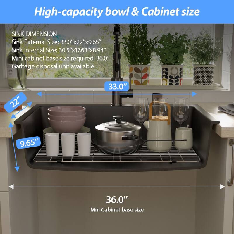 25"/33" Topmount/Drop-in Granite Composite Kitchen Sink Top Counter Single Bowl Sink