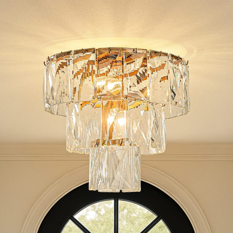 18'' 4-Light Mid-Century Modern Glam Antique Gold Crystal Tiered Flush Mount Luxury Ceiling light For Foyer and Entryway - W18''