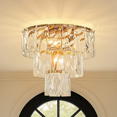18'' 4-Light Mid-Century Modern Glam Antique Gold Crystal Tiered Flush Mount Luxury Ceiling light For Foyer and Entryway - W18''