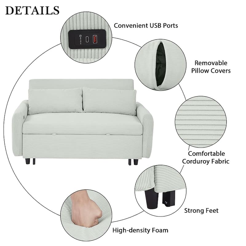 57.48" Modern Sleeper Loveseat, USB Ports and 2 Pillows Included