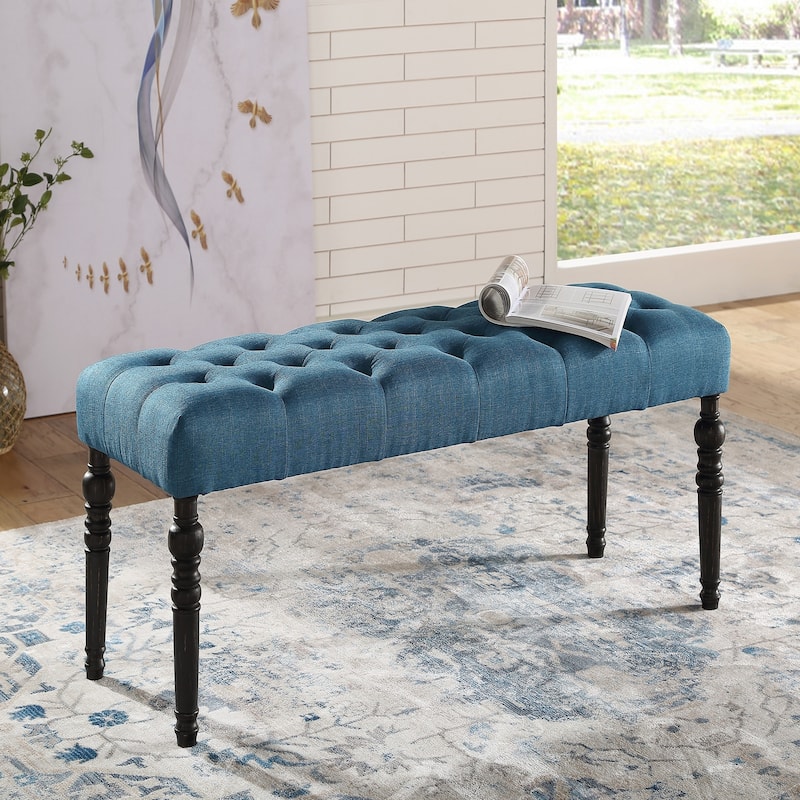 Fabric Tufted Turned Leg Dining Bench, Blue