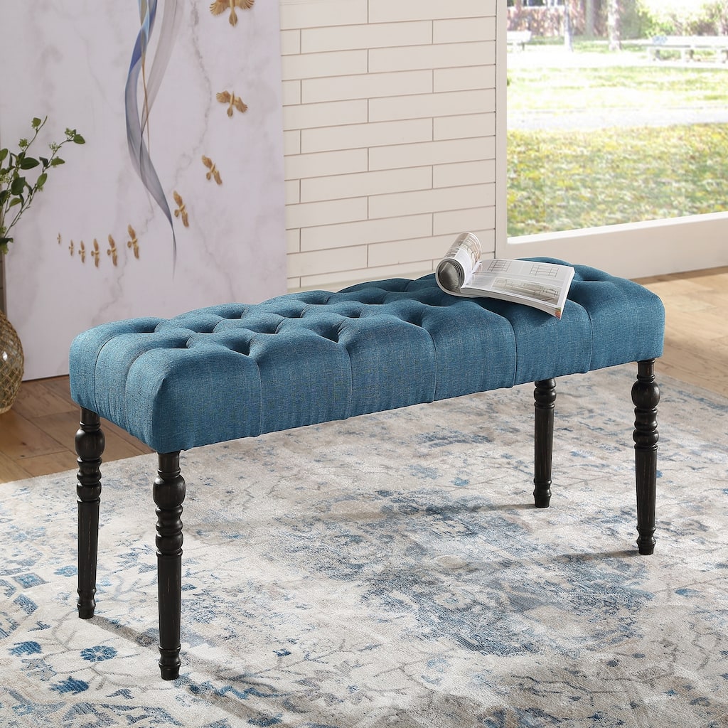 Fabric Tufted Turned Leg Dining Bench, Blue