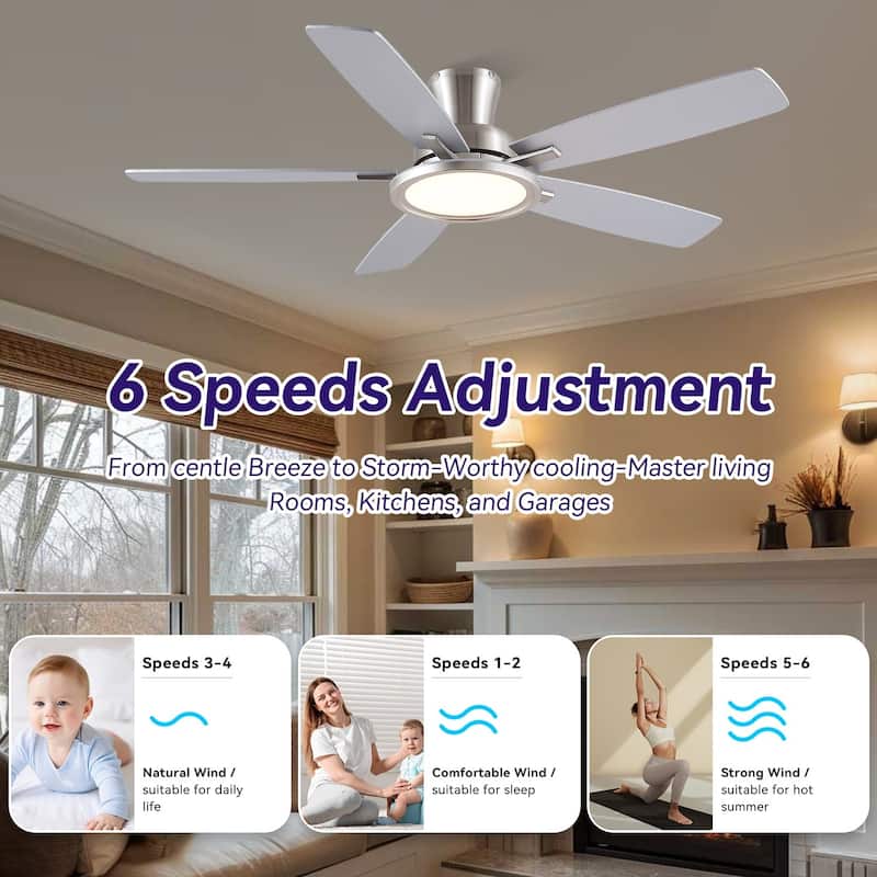 52/54 Inch Flush Mount Low Profile Ceiling Fan with Light,Remote and App Control