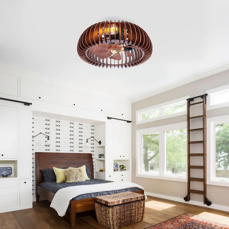 19.7" Farmhouse Flush Mount Ceiling Fans with Lights and Remote Control, Rustic Low Profile Wood Ceiling Fan