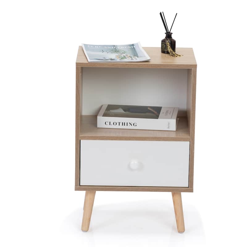 Set of 2 Mid-Century Wood Nightstand, Bed Sofa Side Table with Drawer and Shelf