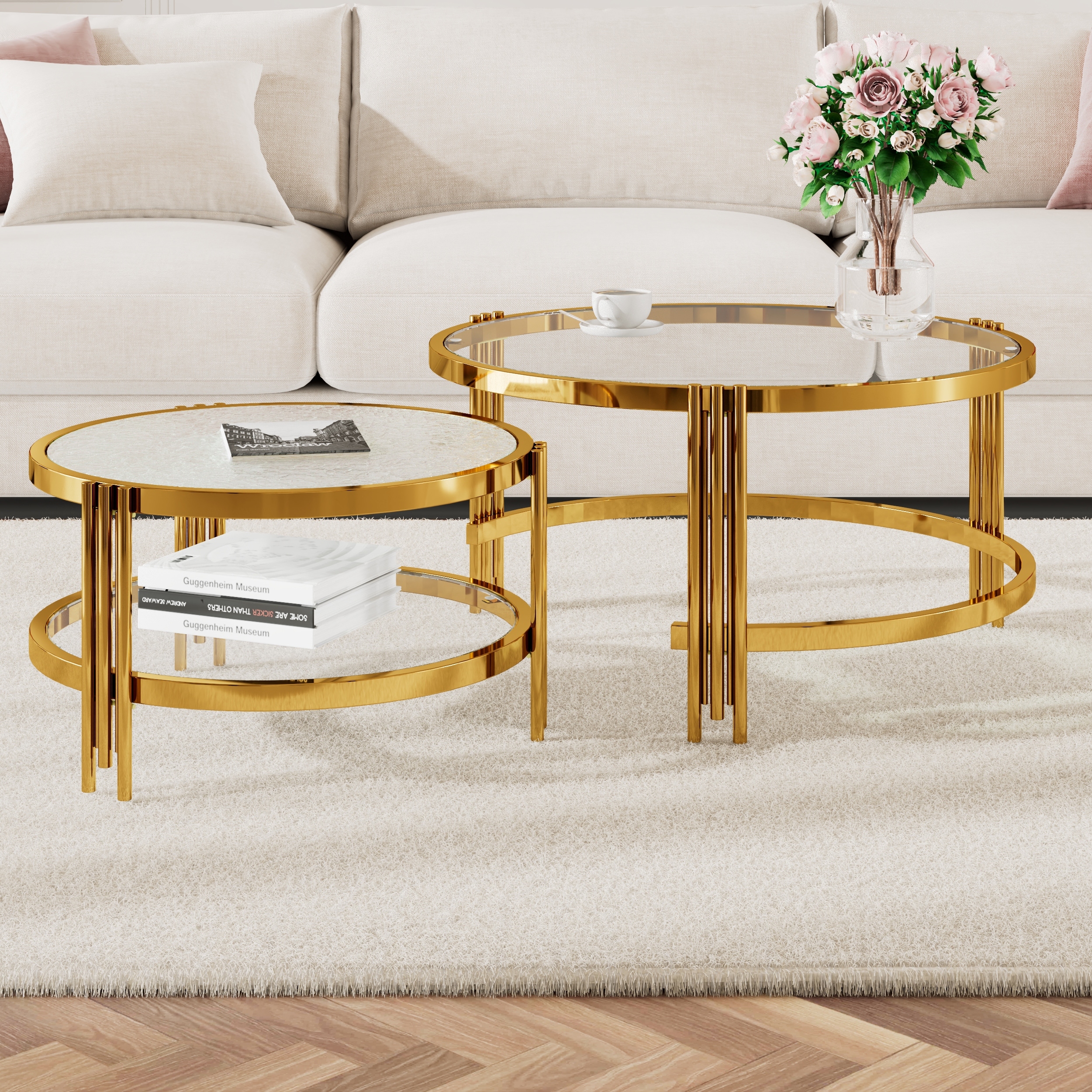 Modern 2 - Piece Gold Finish with Textured Glass Coffee Table Set, Nesting Coffee Table with Tempered Glass
