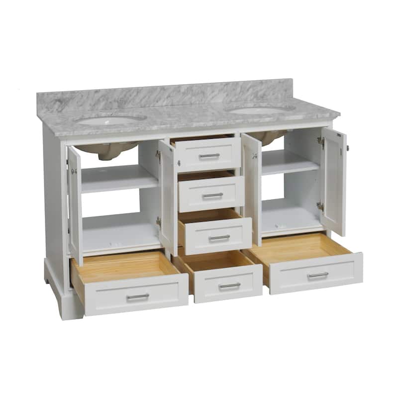 KitchenBathCollection Harper 60" Double Bathroom Vanity with Carrara Marble Top