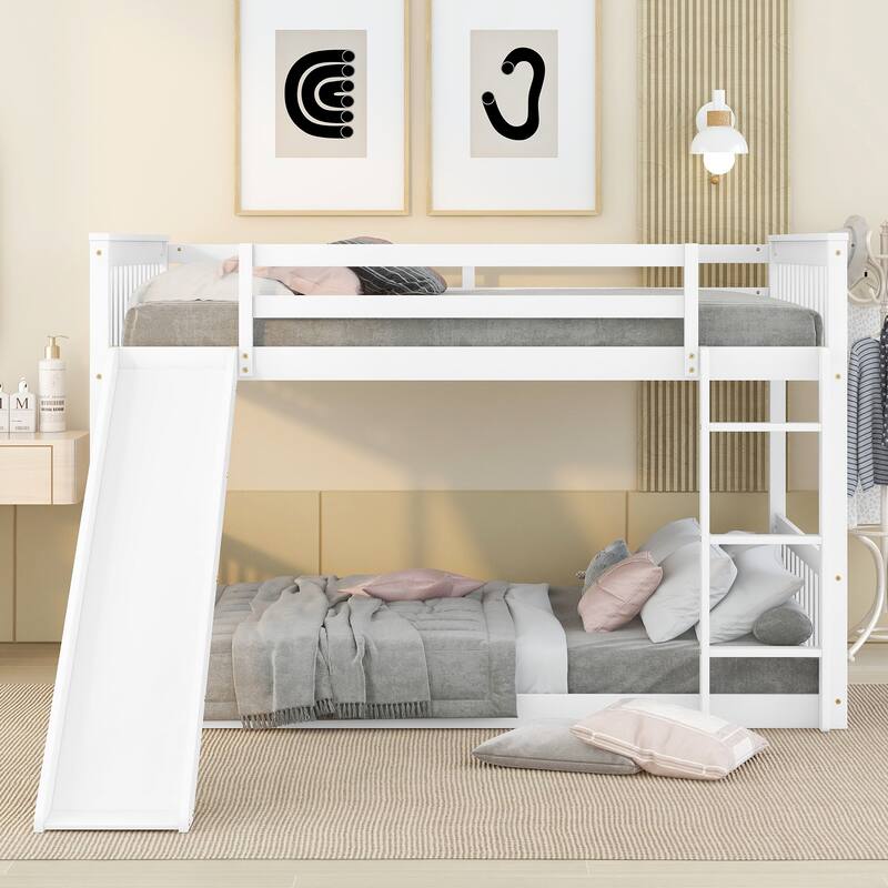 Durable Full Over Full Bunk Bed with Fun Slide and Ladder, Perfect for Kids, Sturdy Pinewood Frame, Easy Assembly, White/Grey