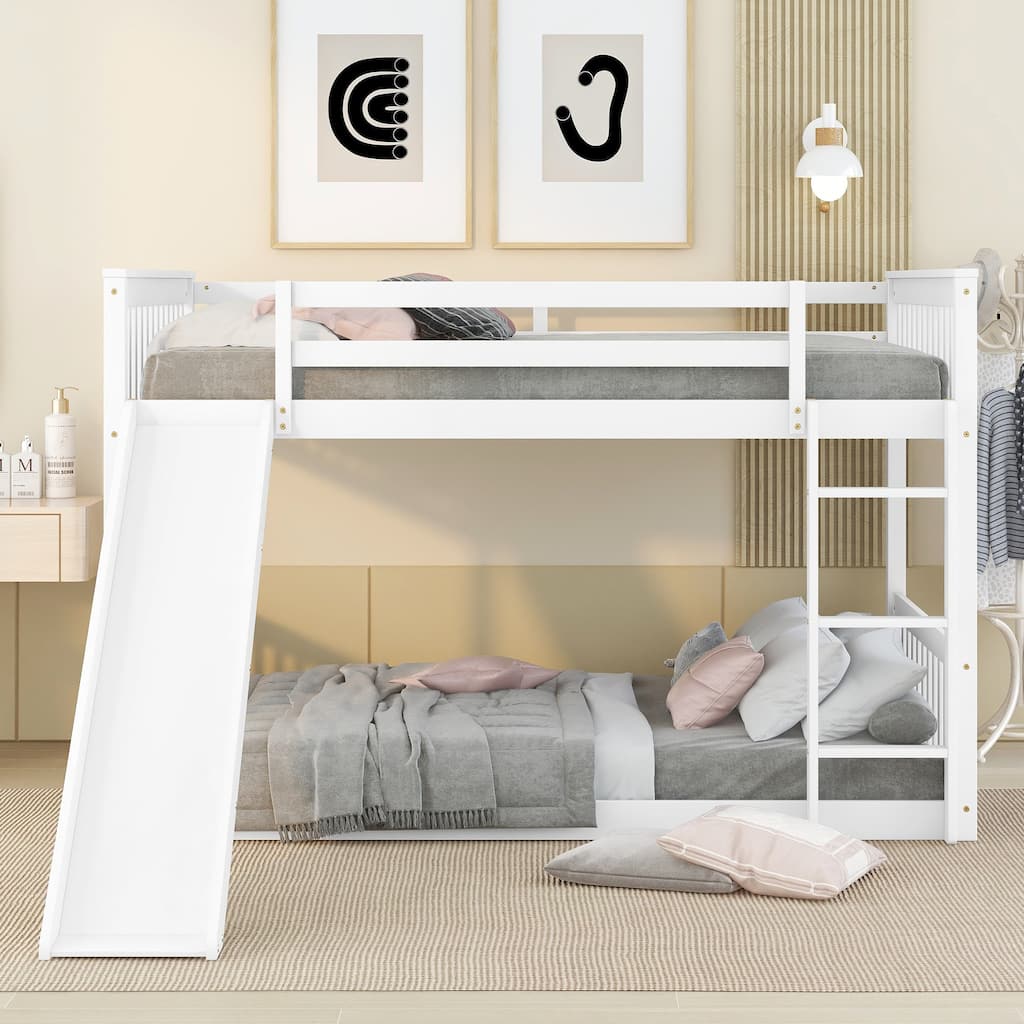 Full Over Full Bunk Bed with Slide and Ladder, Solid Pine Wood Frame