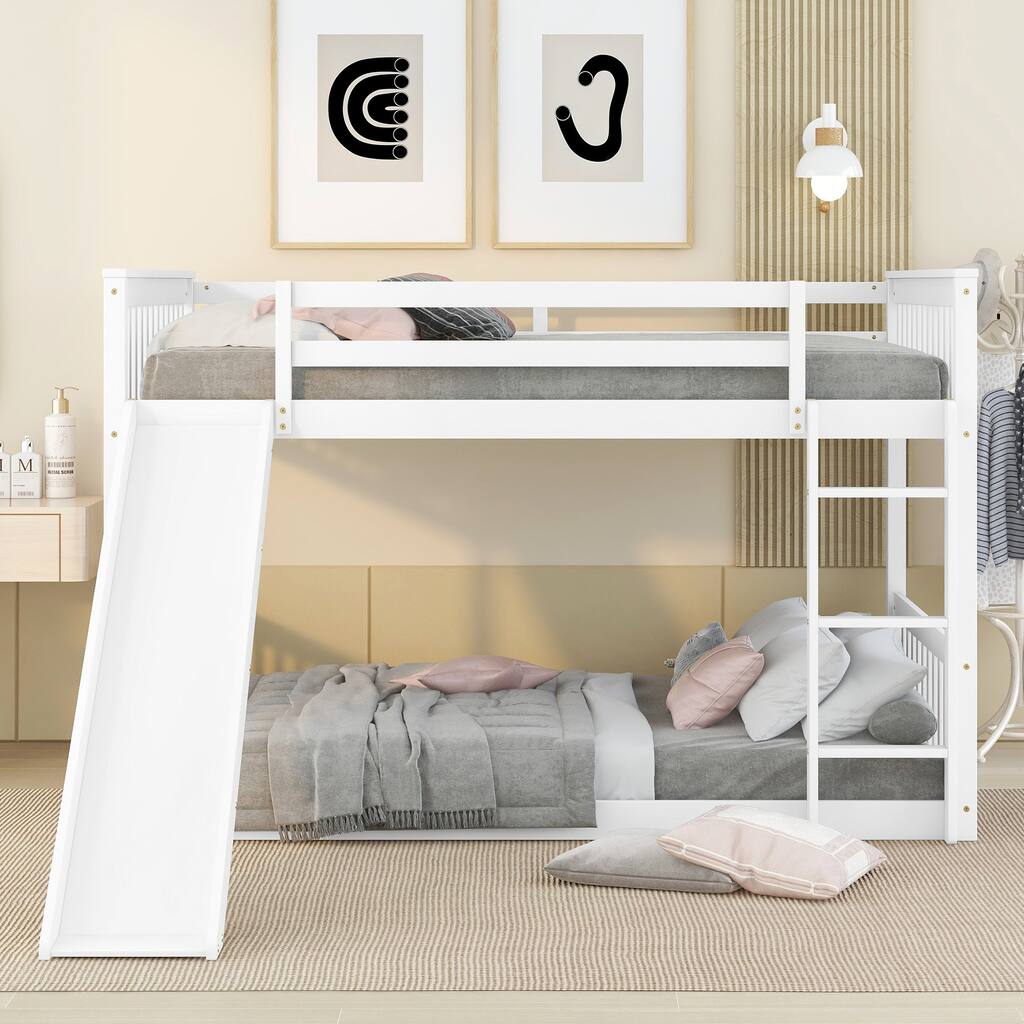 Full Size Wooden Floor Bunk Bed Frame with Slide and Safety Guardrail