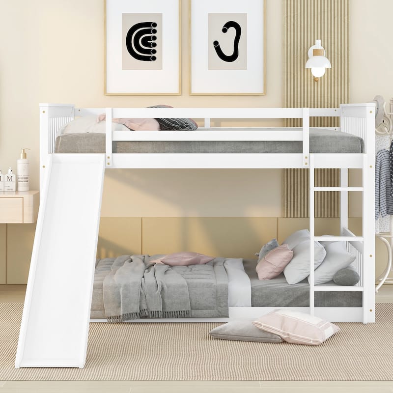 White Full Over Full Bunk Bed with Slide and Ladder, Sturdy Pinewood Frame