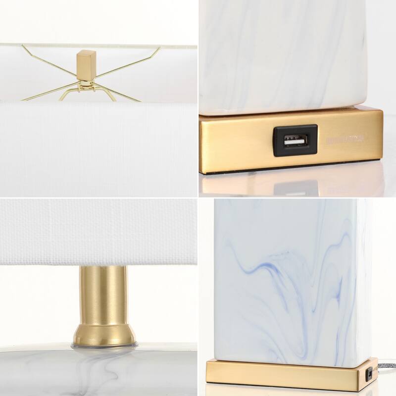 Easton 24.5" Modern Coastal Iron/Marbled Ceramic LED Table Lamp with USB Charging Port, Blue/White (Set of 2), by JONATHAN Y