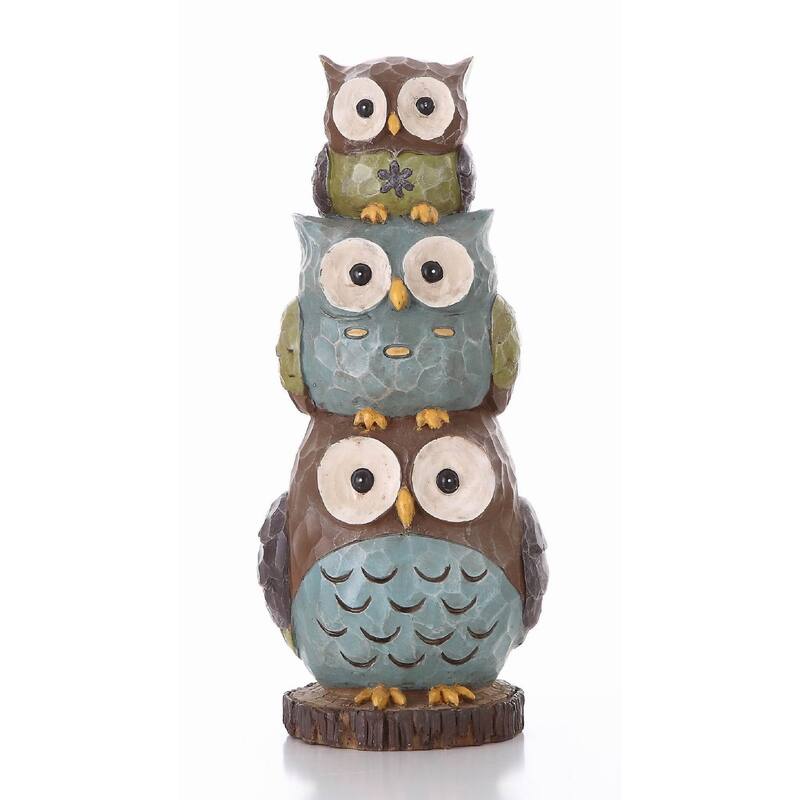 17.75" Green Blue Three Stack of Wide-Eyed Owls Outdoor Garden Statue