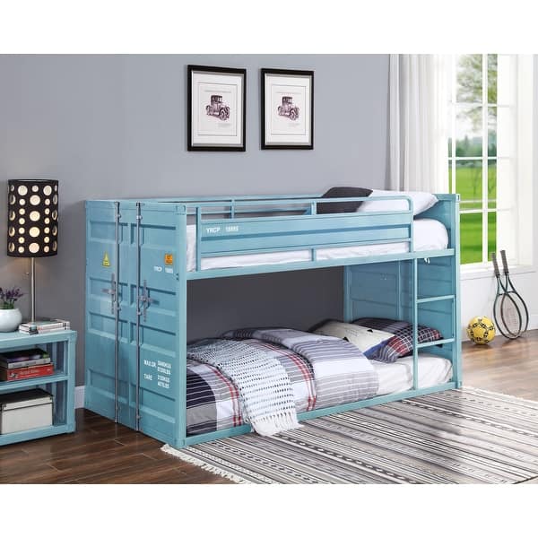 slide 2 of 3, Blue Twin Size Metal Container Bunk Bed with Guardrail Blue