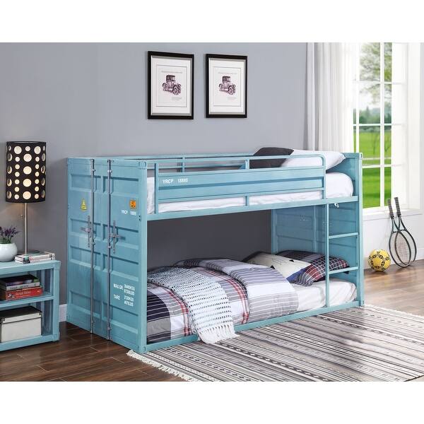 slide 2 of 3, Blue Twin over Twin Size Metal Bunk Bed with Ladder and Fence for Kids, Boys and Girls, Bedroom Blue