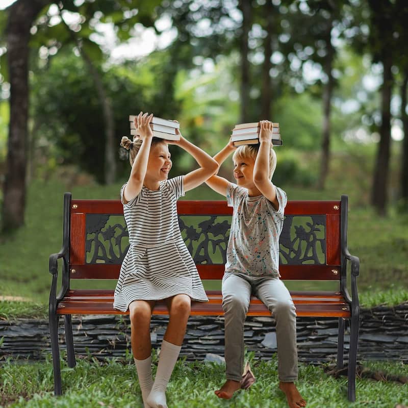 MAISON ARTS Outdoor Garden Bench for Children, 33'' L Metal Bench with Wood Seating & Floral Pattern Back
