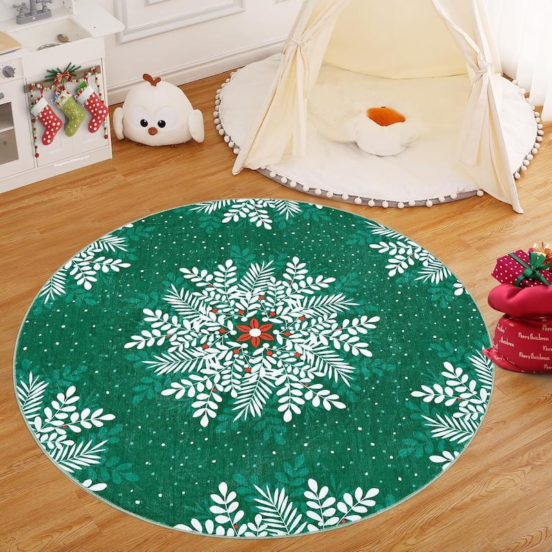 Christmas Snowflake Washable Area Rug, Floor Carpet for Holiday Decor, Green