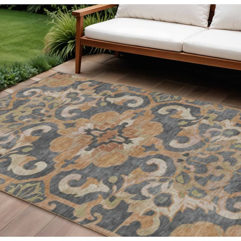 HomeRoots Damask Traditional Rectangle Outdoor Rug - 10' X 14'