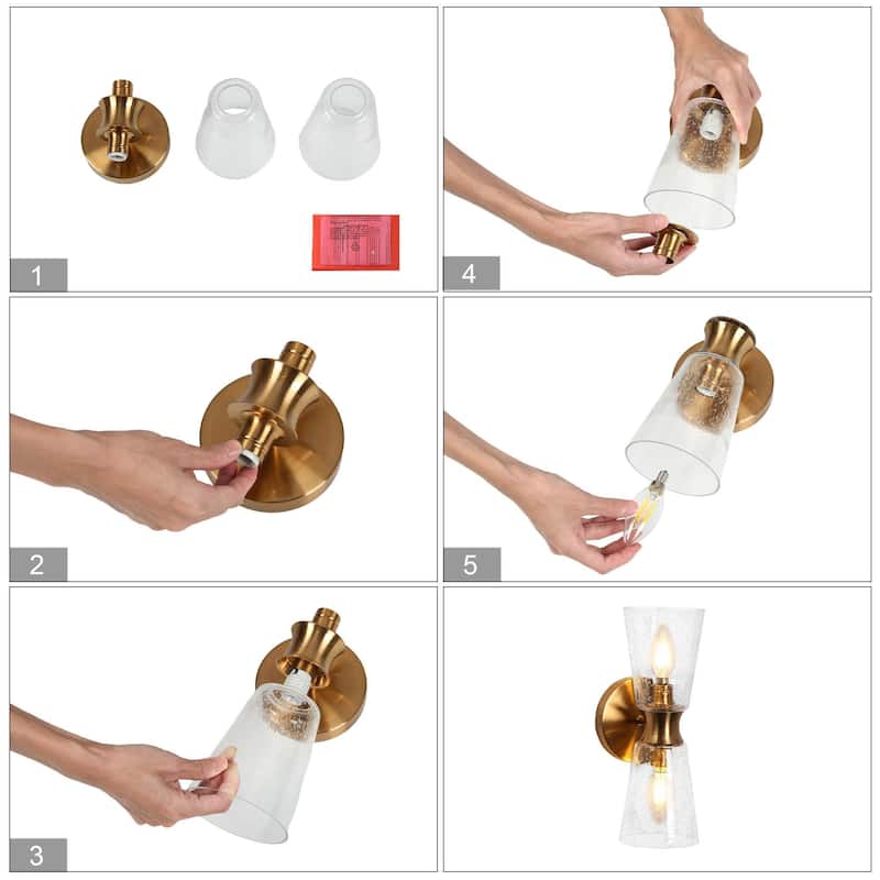 Mid-century Modern Glam 2-Light Gold Cone Seeded Glass Bathroom Vanity Lights Cylinder Wall Sconce