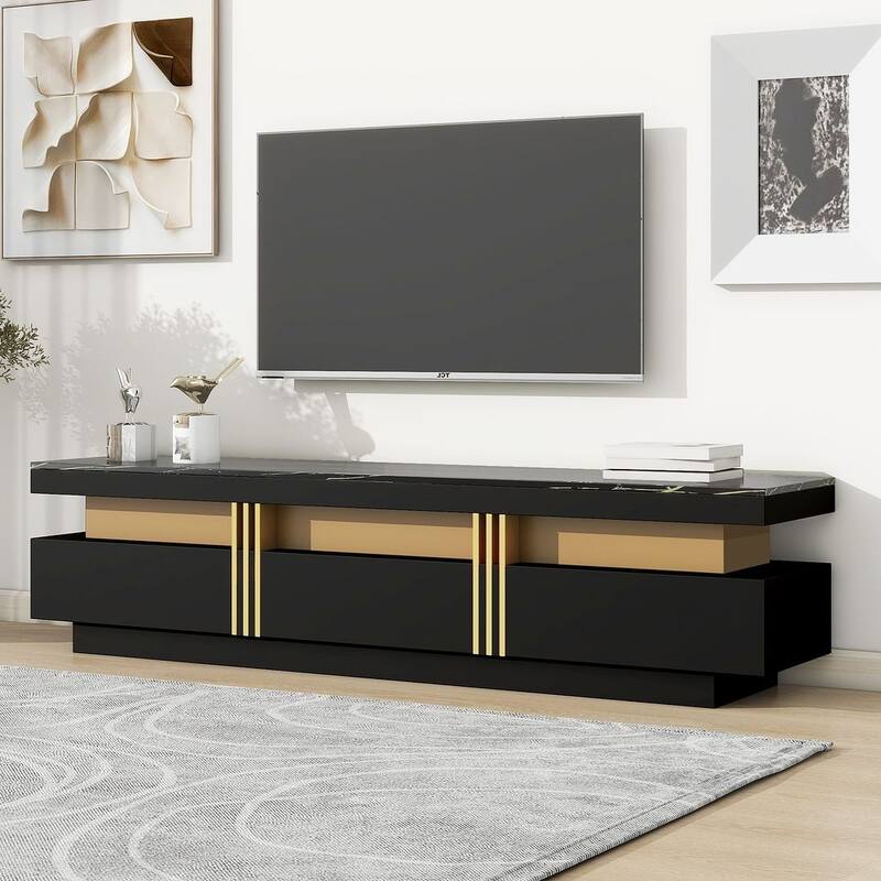 Modern TV Stand with High Gloss Faux Marble Top for TVs Up to 78'' - 68.8”W x 14.9”D x 16.5”H