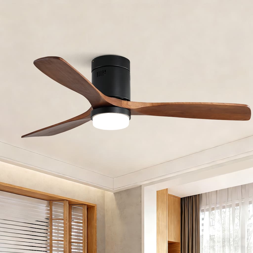 Sofucor 52" Low Profile Flush Mount Noiseless Ceiling Fan with Light and Remote,3 Solid Wood Blades,6 Speed Levels