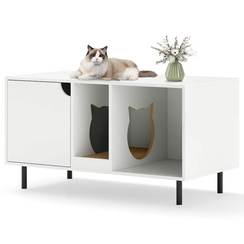 40 Inch Cat Litter Box Cabinet for 2 Cats, Hidden Washroom Enclosure - 40" x 21" x 22" - White