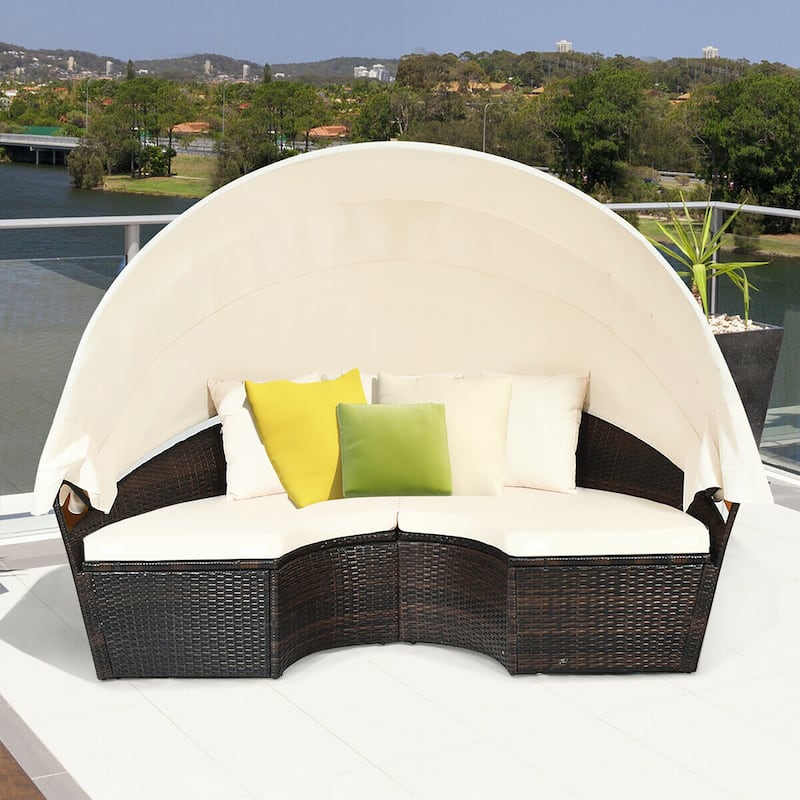 Costway Patio Rattan Daybed Cushioned Sofa Adjustable Table Top Canopy