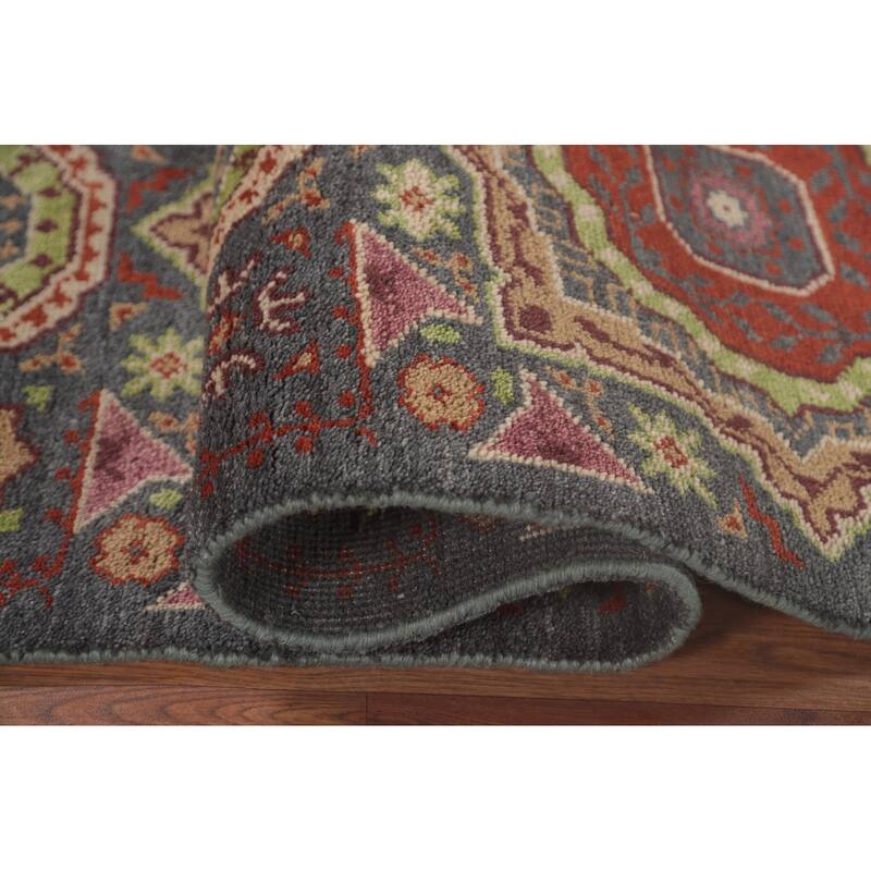 Geometric Grey Kazak Runner Rug Hand-Knotted Wool Carpet - 2'6"x 7'9"