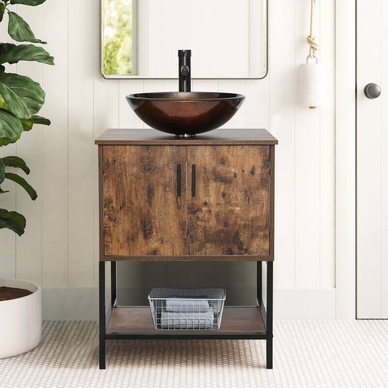 24" Bathroom Vanity Sink Set Brown Free-standing Manufactured Wood with Sink Faucet Drain Combo - brown round sink