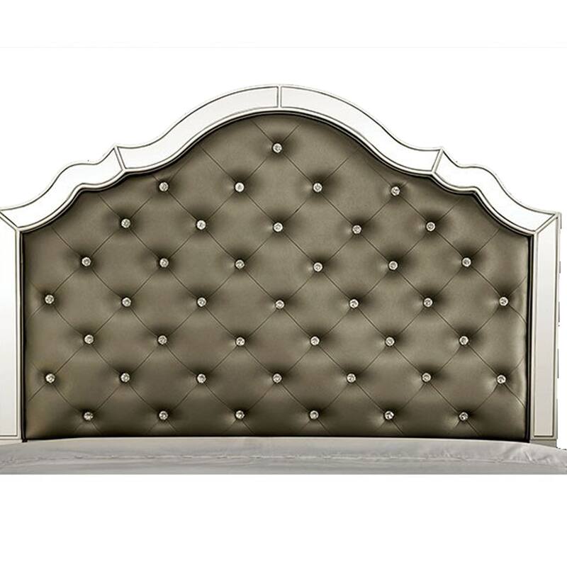 Mila Queen Bed, Carved Button Tufted Faux Leather Upholstery, Mirrored, Silver