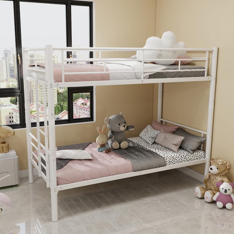 Roomfitters Twin Over Twin Metal Bunk Bed for Kids Boys Girls, Metal Structure Bedframe with Ladders & Guardrail