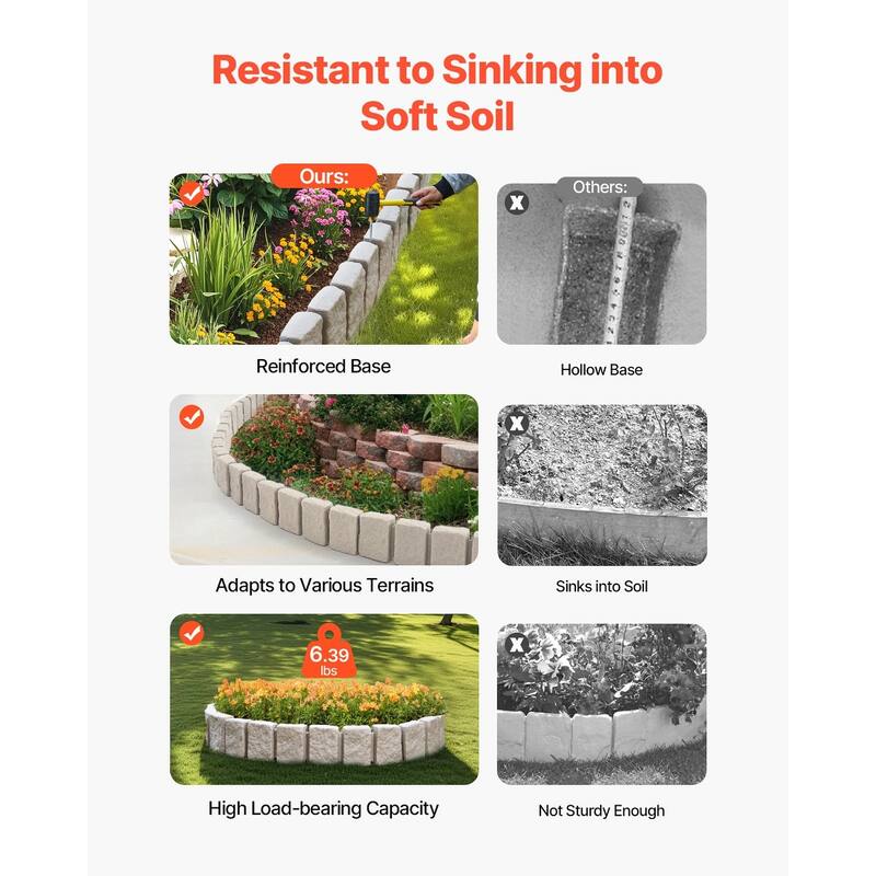 Beige Plastic Stone Texture Landscape Edging 4 Pack with Anchors Modular Design - 47.24 × 3.94 × 9.06 inch