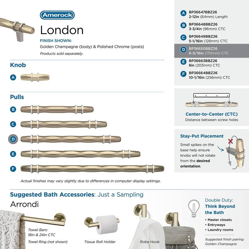 London 6-5/16 in (160 mm) Center-to-Center Golden Champagne/Polished Chrome Cabinet Pull