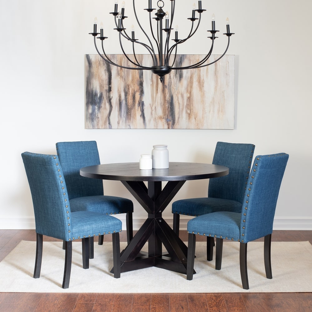 5 Piece Round Dining Table Set, Farmhouse Trestle Kitchen Table with 4 Nailhead Sloid Back Upholstered Chairs, for Living Room