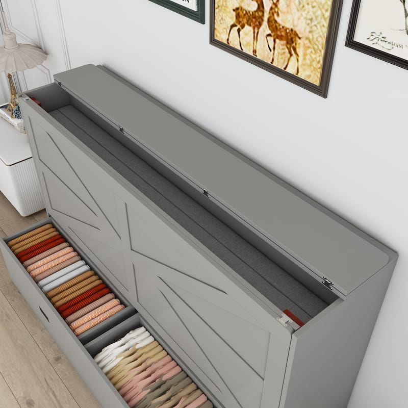 Hidden Folding Murphy Bed with Storage Drawers/Charging Station/Foldable Mattress/Full Size Mobile Cabinet Bed Frame/Noise-free