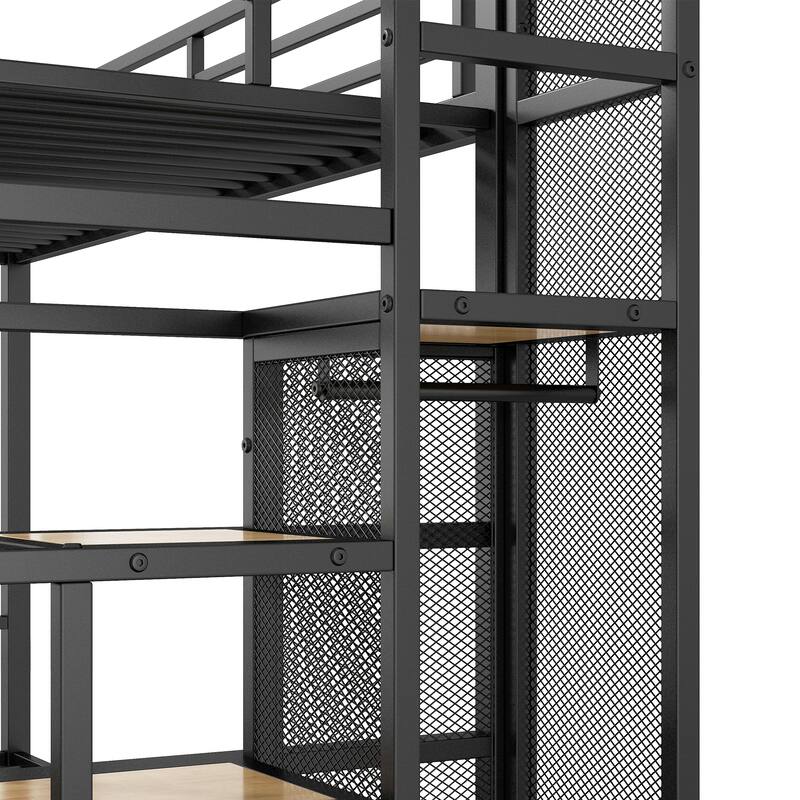 Roomfitters Twin over Full Size Metal Bunk Bed with Storage Staircase and Open Wardrobe, Black