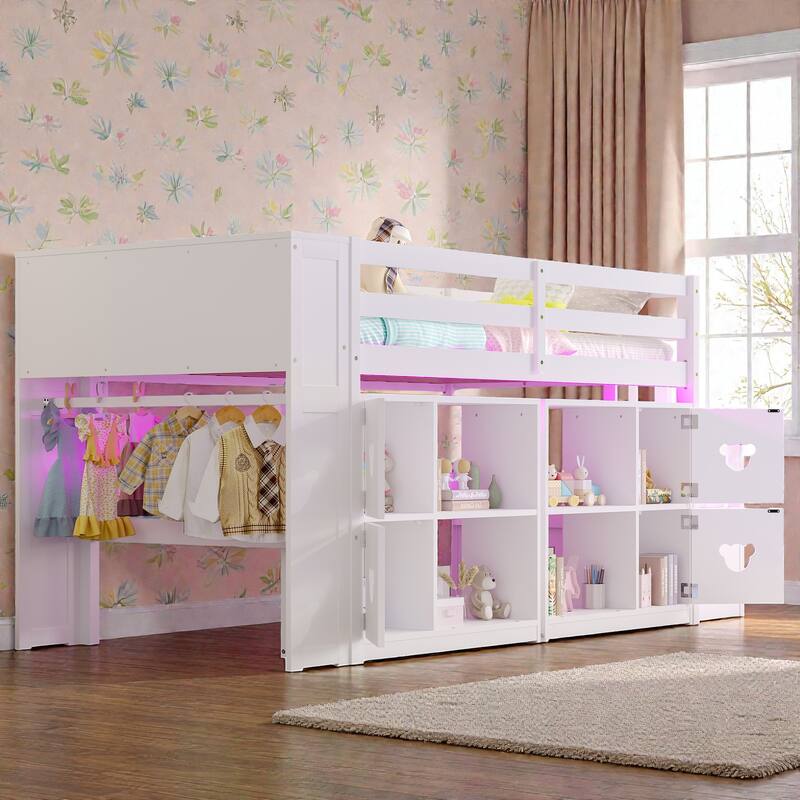 Twin Low Loft Bed with Storage Headboard, Shelves, Stair Drawers & LED Lights, Space-Saving Kids Wooden Loft Frame