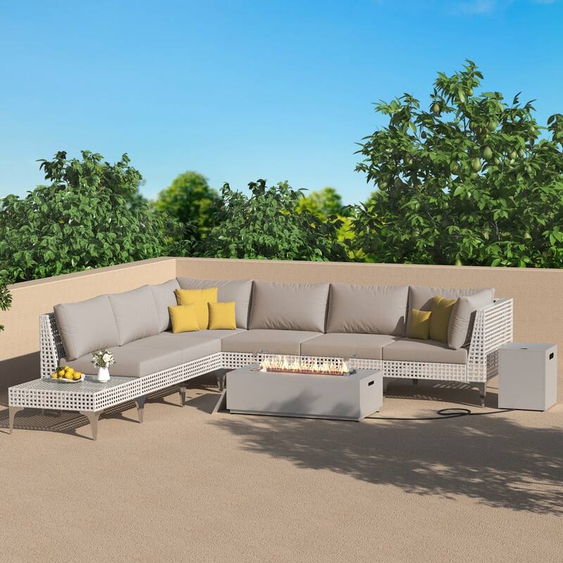 FINCATI Oversized Outdoor Furniture with Rectangular Fire Pit Table, 9-piece Luxurious High-back Patio Wicker Conversation Set - Beige