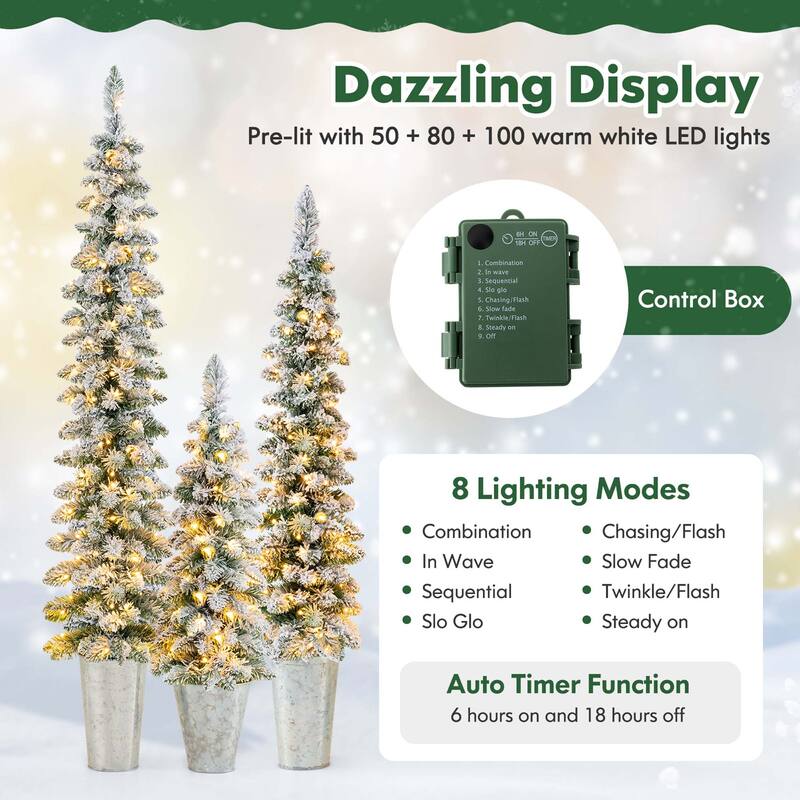 Costway Set of 3 Pre-Lit Snow Flocked Artificial Christmas Trees - See Details
