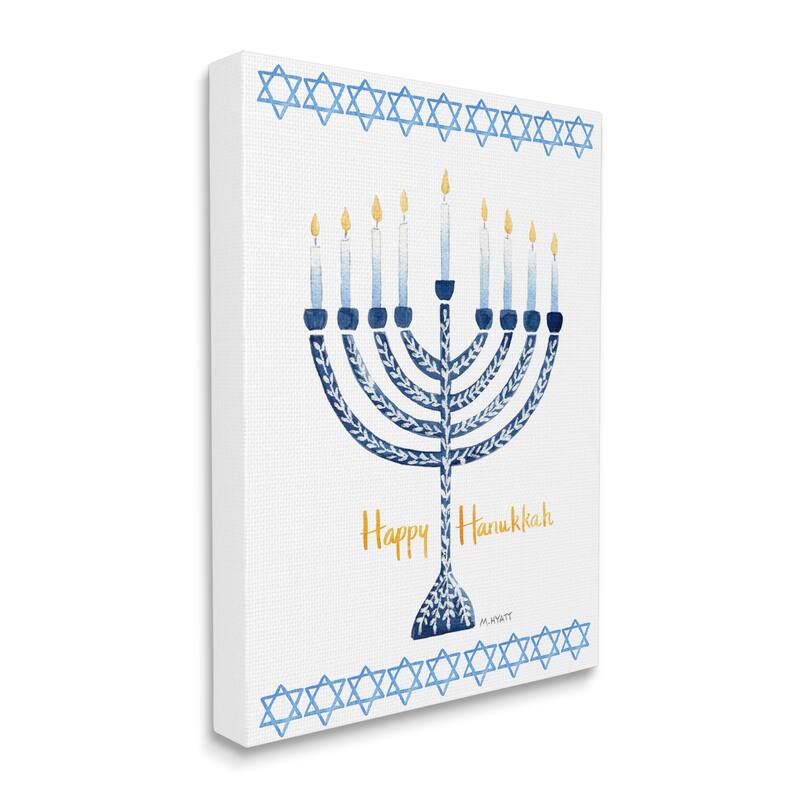 Stupell Happy Hanukkah Winter Holiday Festive Menorah Canvas Wall Art - Blue - 16 x 20