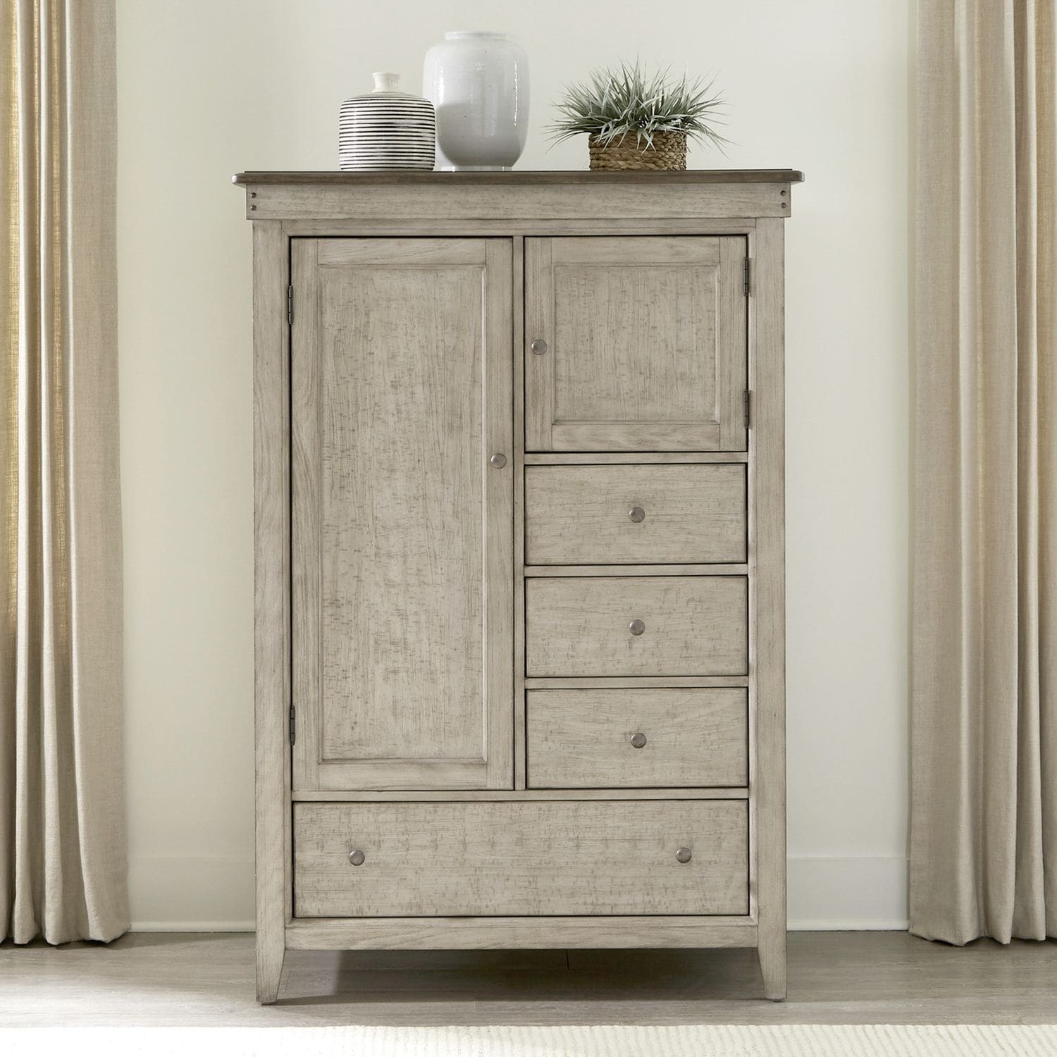 Liberty Furniture Ivy Hollow Bedroom Door Chest Weathered Linen with Dusty Taupe Tops