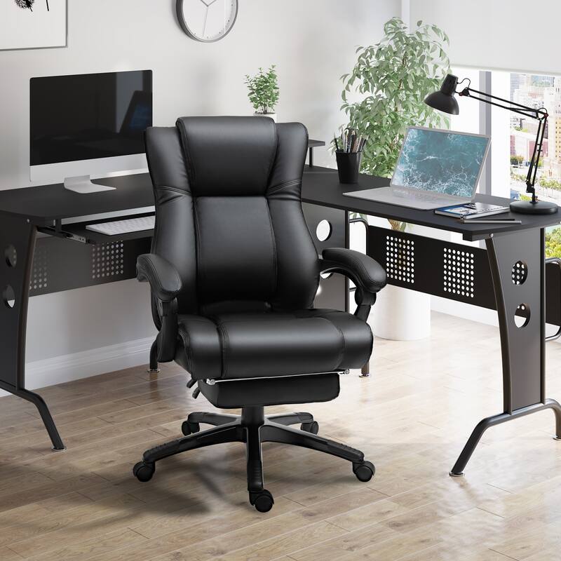 Leather Desk Chair Office Chair with Footrest, Black Executive Chair High Back Task Chair Visitor Chair with Wheels